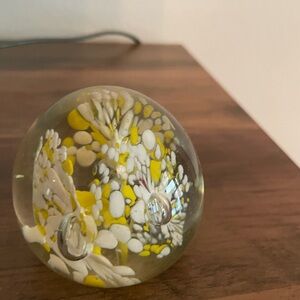 Artistic Glass Paperweight with Yellow and White Accents
